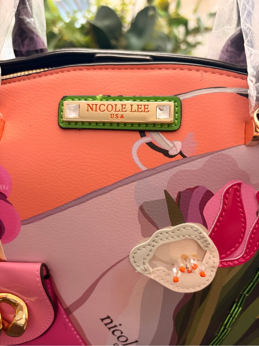 Nicole Lee Pink & Coral Beaded 3D Floral Satchel Handbag + Shoulder Strap- NWT - Picture 8 of 17